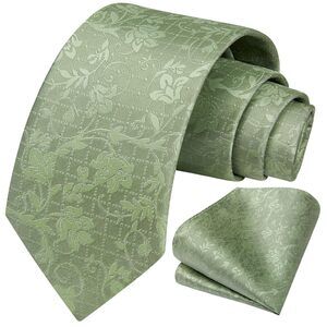3381 Extra Long Ties Green Floral Tie Handkerchief Set Classic Woven Silk